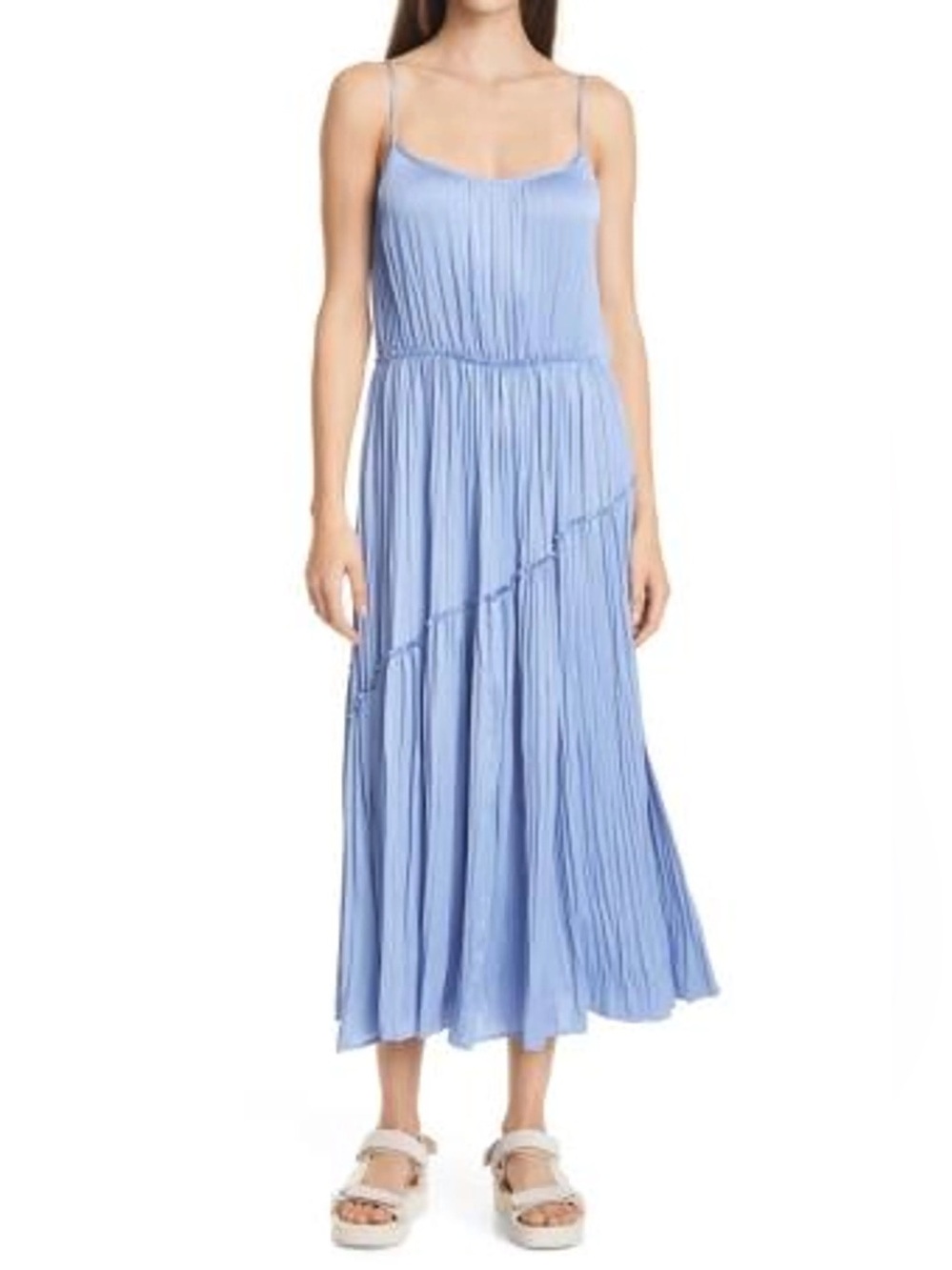 Vince Light Blue Tiered Pleated Maxi Dress with Spaghetti Straps